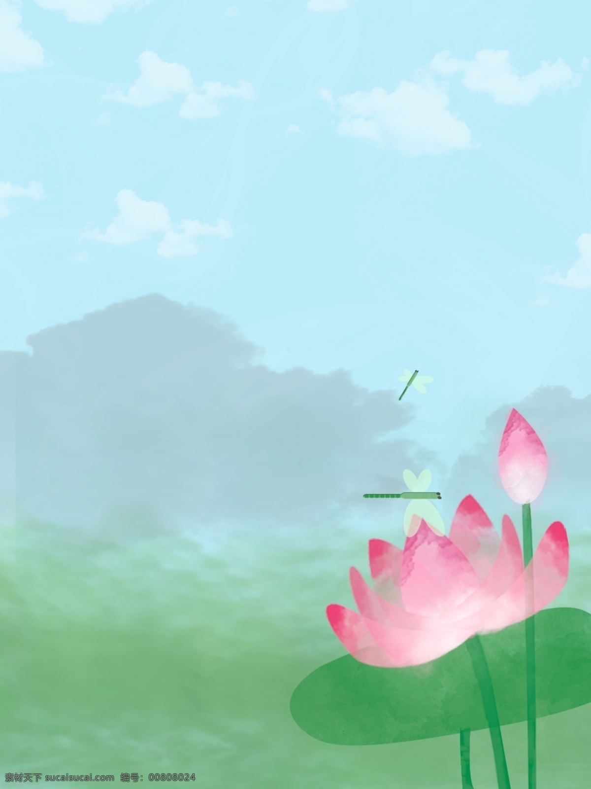 全 原创 清新 手绘 水彩 水墨 荷花 蜻蜓 山水 背景 水墨背景 荷塘 荷叶 山水风 白云 蓝天 粉色荷花 粉色花骨朵 绿色荷叶 远处山水 风景 水墨山水 山水背景 古风 中国风