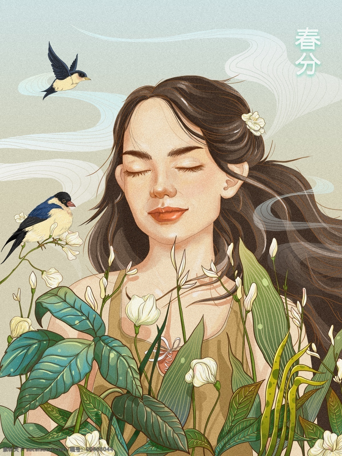 春天 二十四节气 你好 春潮 你好春天 春天你好 春韵 女孩插画 燕子 飞翔的燕子 春意盎然 春遇 春夏 花草 遇见春天 春游记 踏青 小清新 中国风 国风插画 细腻写实 春暖花开 簪花