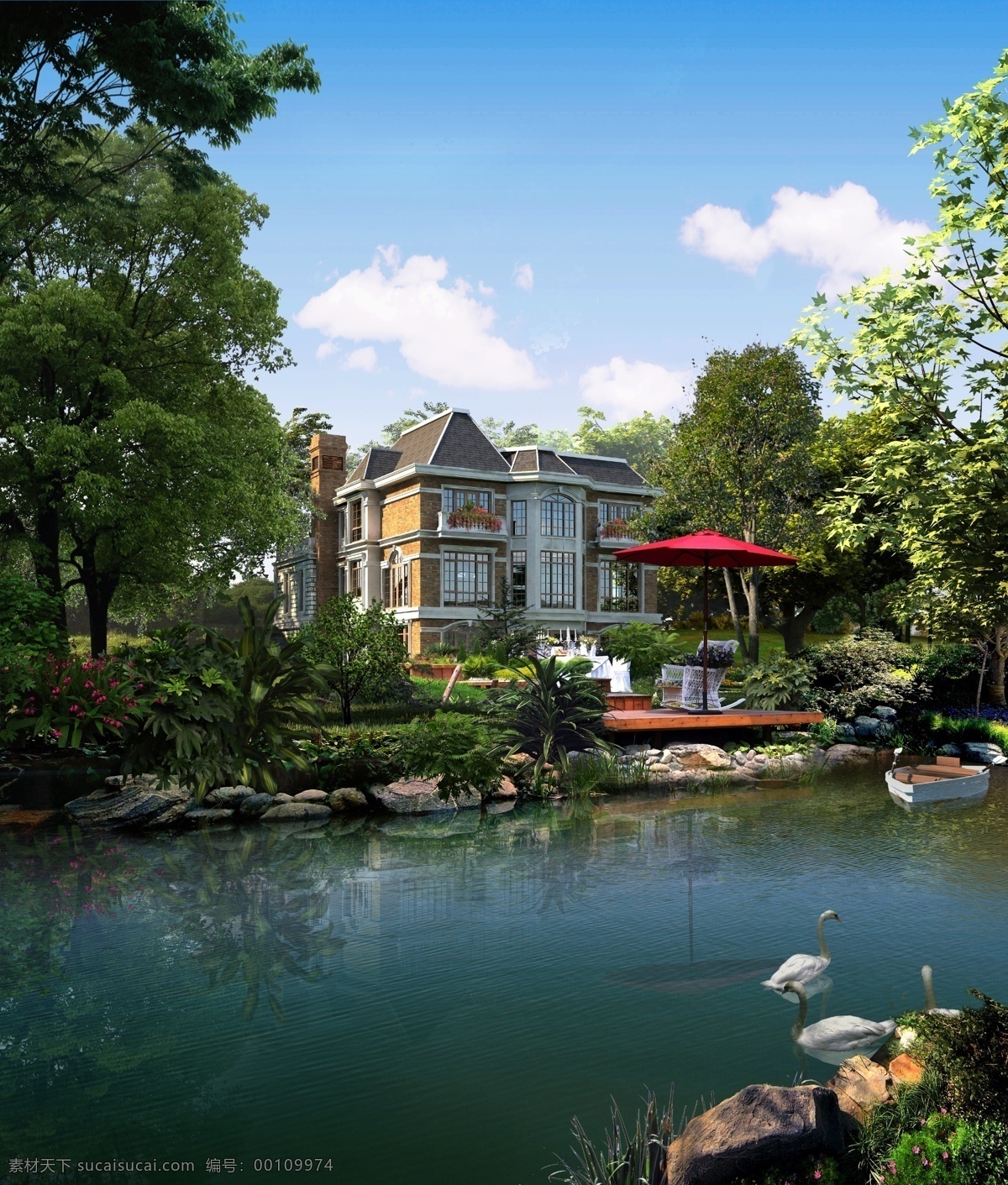 池塘 别墅 景观设计 天鹅 石头 喷泉 草地 树木 房屋 建筑物 蓝天 白云 环境设计