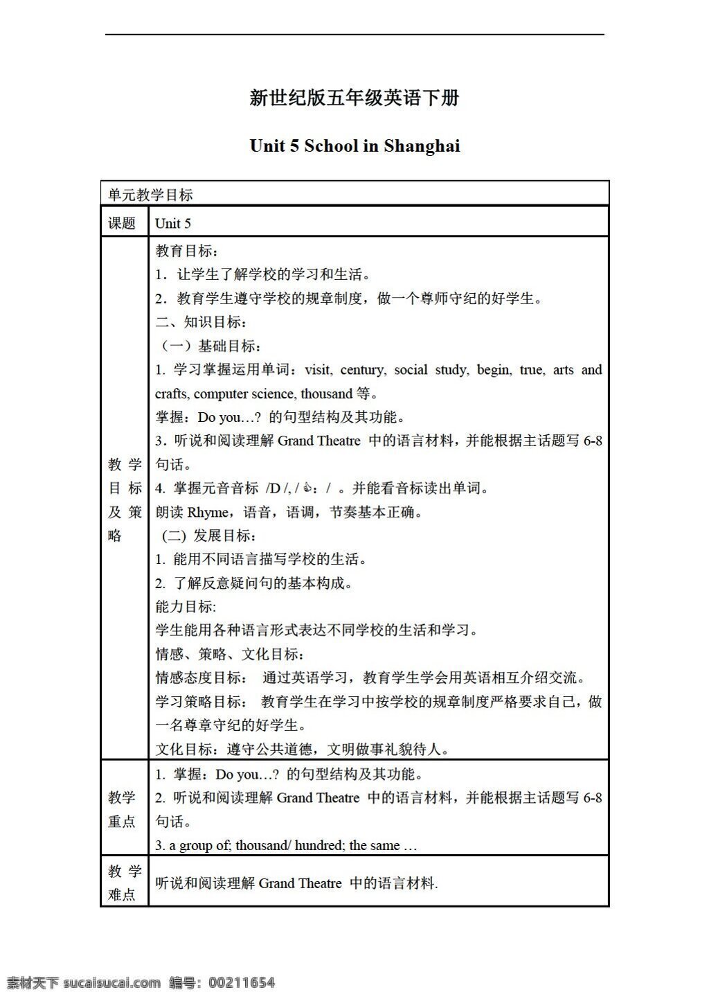 五 年级 下 英语 下册 教案 unit 新世纪版 五年级下