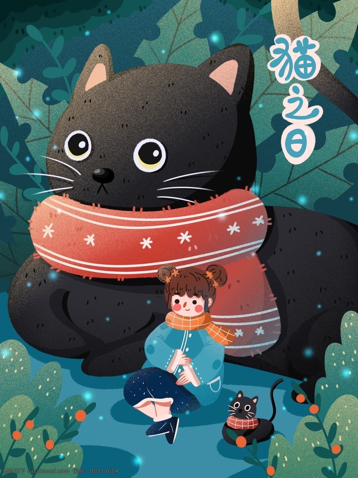 猫 日 治愈 系 温馨 温暖 唯美 梦幻 创意 插画 海报 可爱 创意海报 森林 猫之日 创意插画 晚安 治愈海报 猫咪 人 宠物 深林 晚上