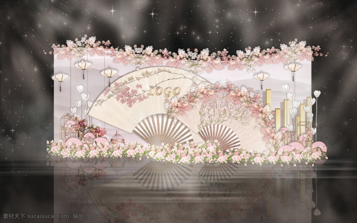 粉色 新 中式 桃花 迎宾 婚礼 工装 效果图 灯 浪漫 大气 新中式 折扇 复古