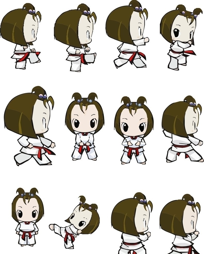 跆拳道 卡通 人物 漫画 红方 卡哇伊 黑带 拳 腿 脚 踢 武术 可爱 矢量 道馆 儿童 道服 护具 头盔 小男孩 红黑 侧踢 后踢 职业人物 矢量人物