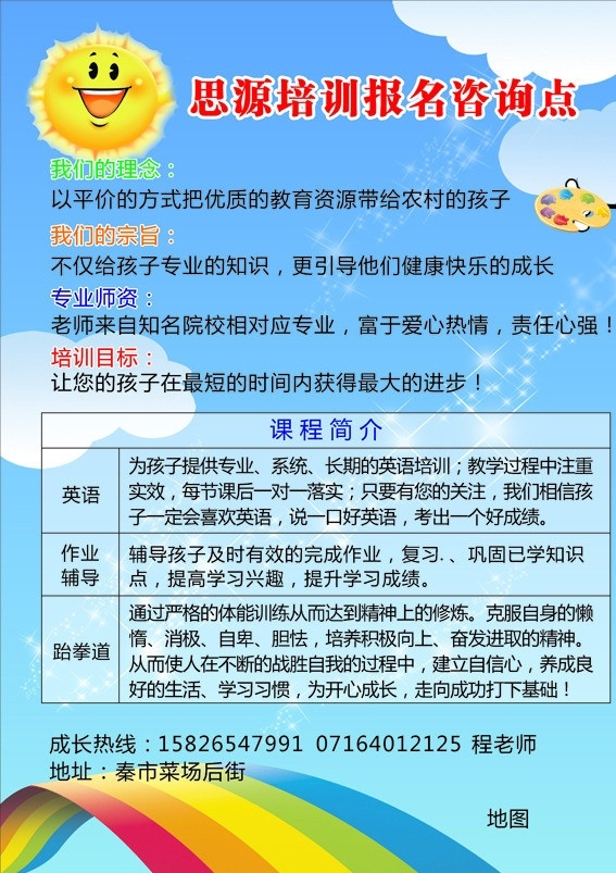 培训 报名 咨询点 培训报名 太阳 理念 宗旨 专业师资 培训目标 彩虹桥 蓝天 云朵 星星 画板 学校 学习 矢量
