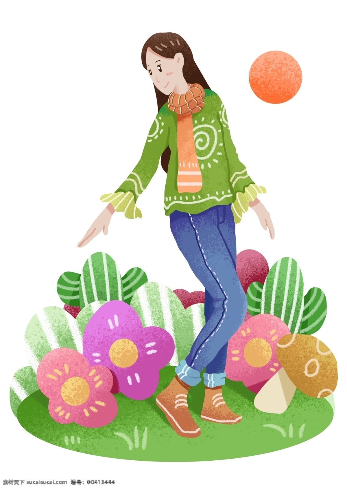 春游 踏青 摘 花 插画 摘花的女孩 漂亮的花朵 卡通插画 春游插画 踏青插画 旅游郊游 外出游玩