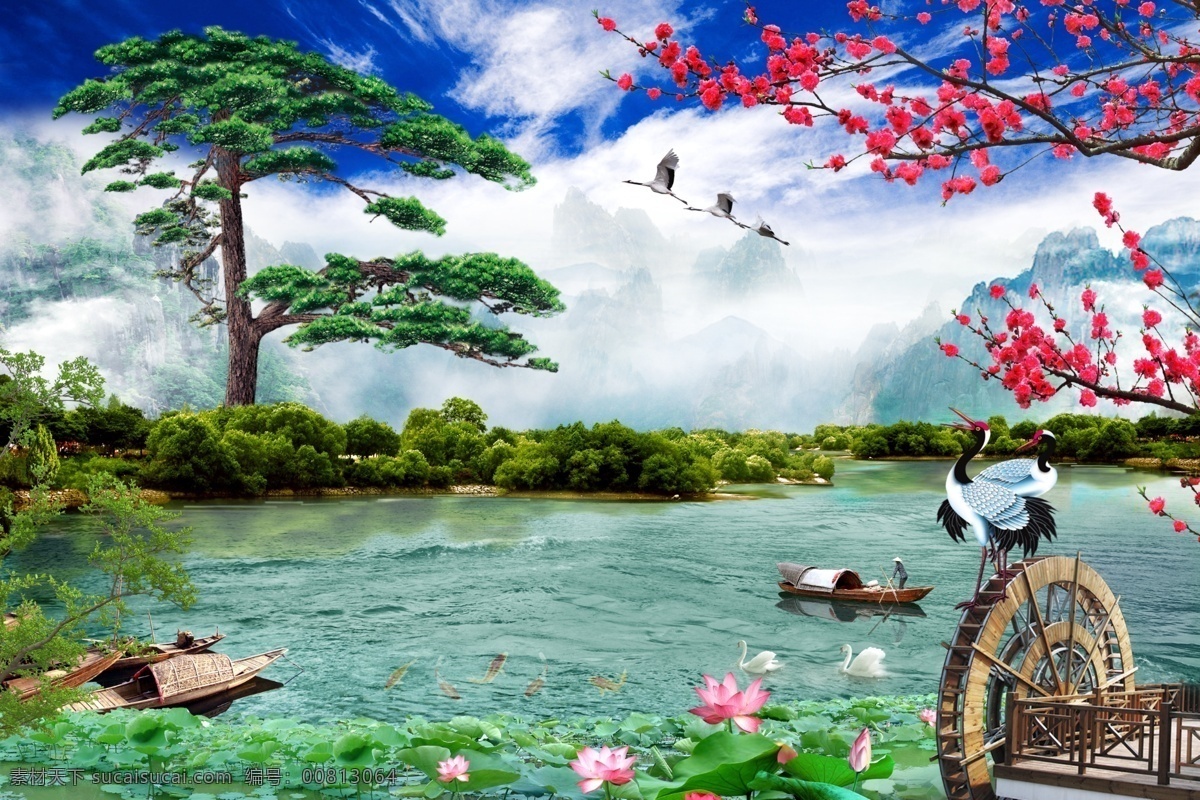 山水画 迎客松 松鹤延年 风景画 山水 风景 山水风景 花 高山 水车 仙鹤呈祥 松鹤 鹤 仙鹤 装饰画 山水秀丽 秀丽景色 古典边框 壁画 松树 天空 云 仙境 山 山水风景画 分层 源文件