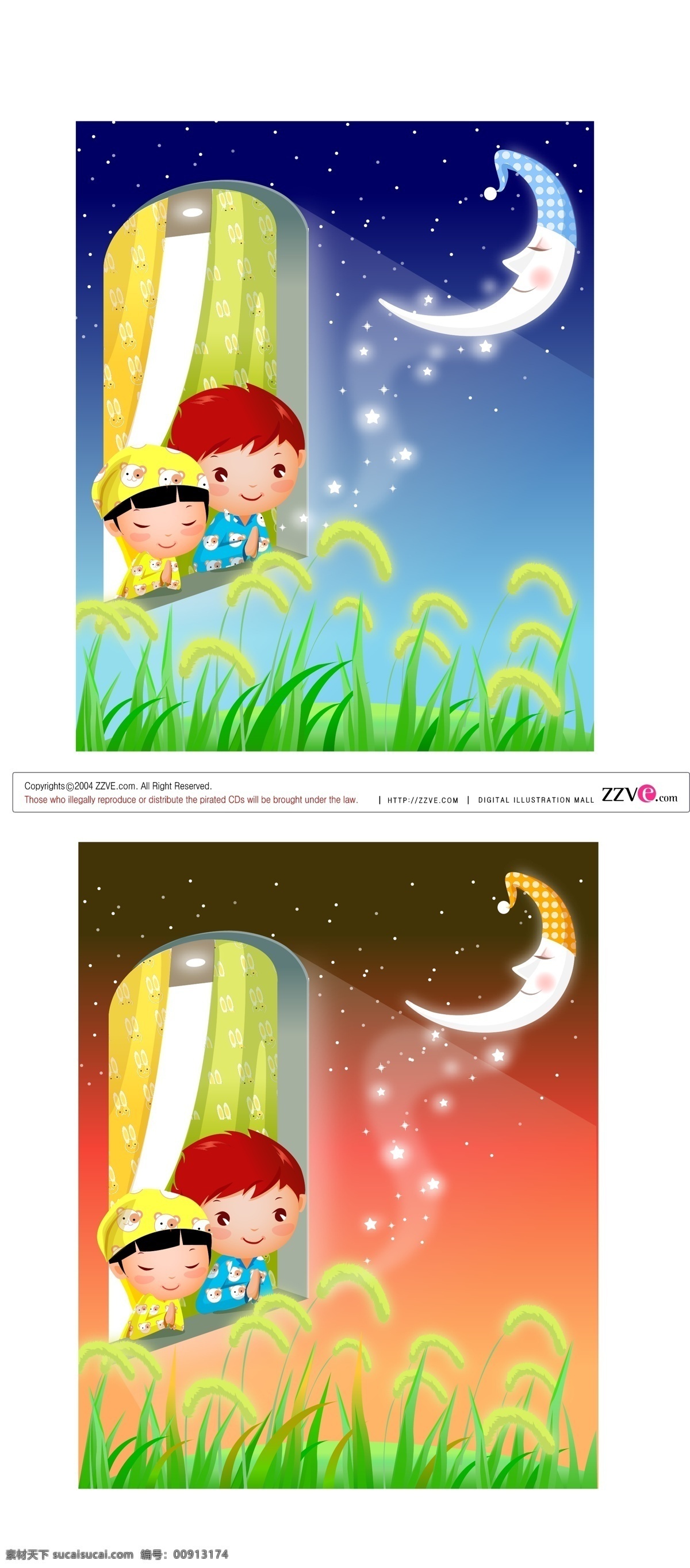 蓝色 月光 下 可爱 小孩 可爱小孩 蓝色月光 温馨的夜晚 可爱卡通月亮 矢量图 矢量人物