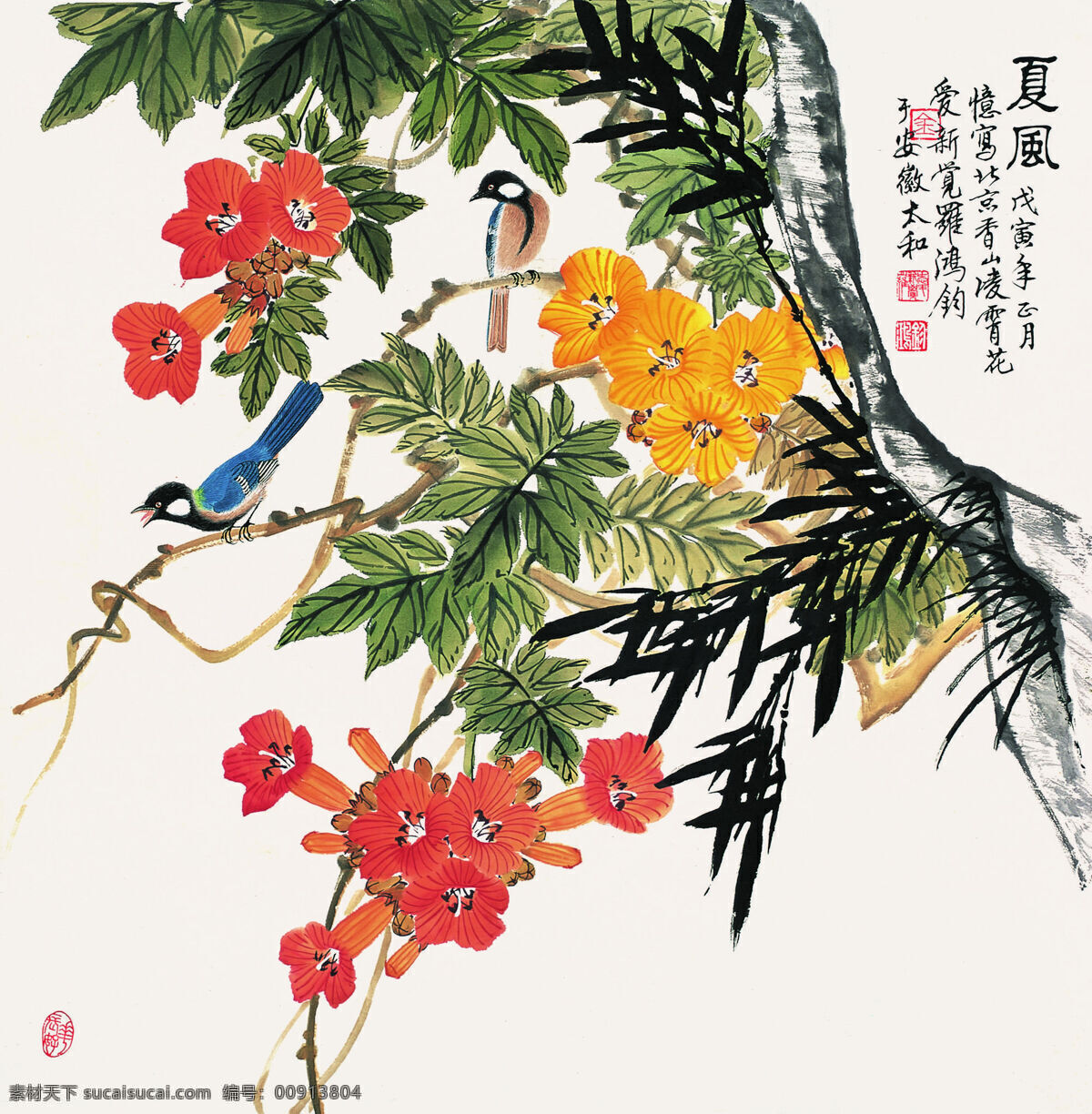 夏日 凉风 产品包装设计 喜鹊 中国画 镜心 工笔动物画 鸟兽类 飞禽类 凌霄花 金鸿钧作品 工艺美术 平面广告 装饰设计 家居装饰素材 室内装饰用图