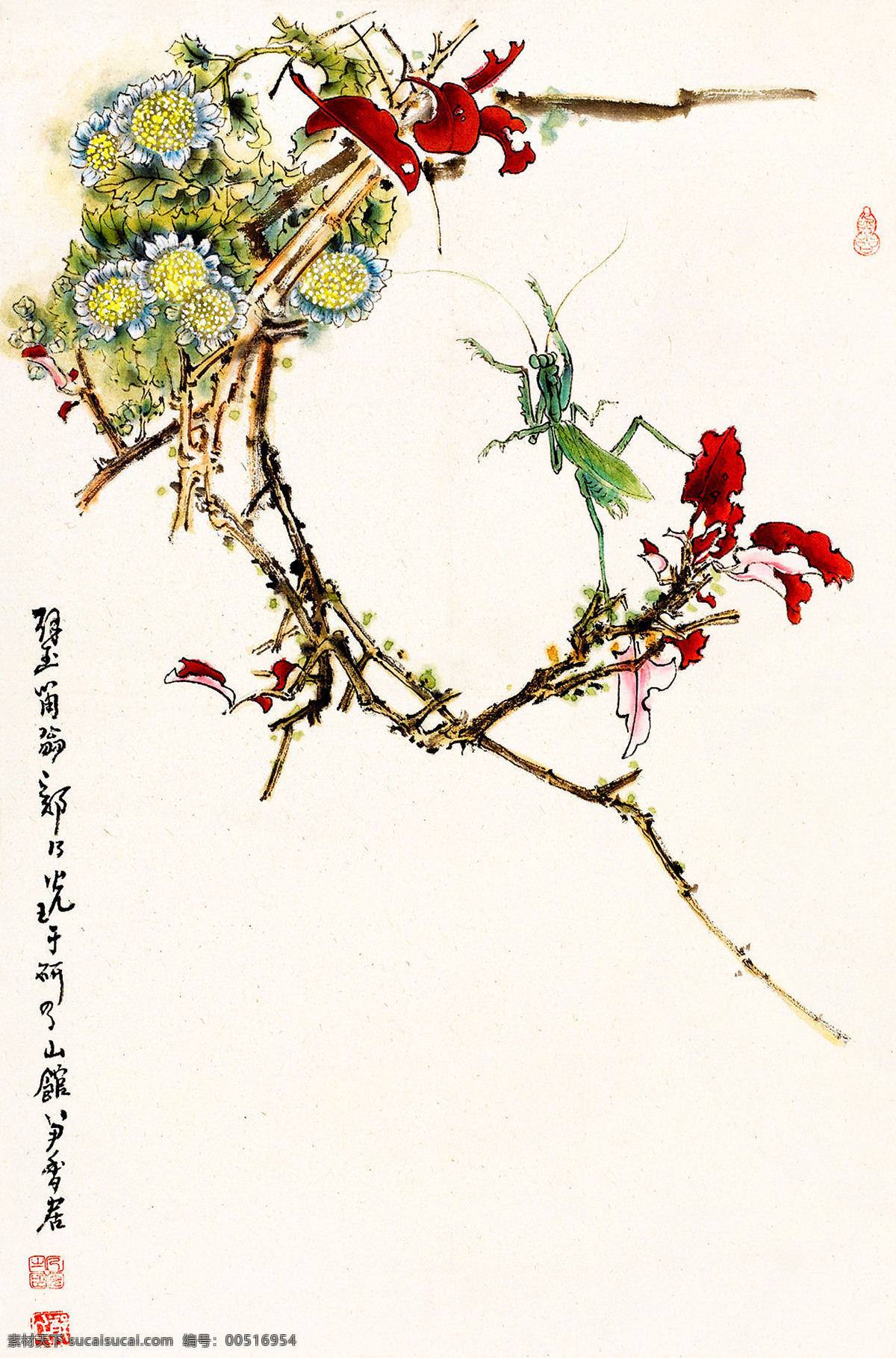 彩墨画 国画艺术 红叶 花朵 花卉 绘画书法 菊花 美术 花虫图 中国画 水墨画 叶子 螳螂 书法 印章 国画集36 文化艺术 家居装饰素材 雕刻 图案