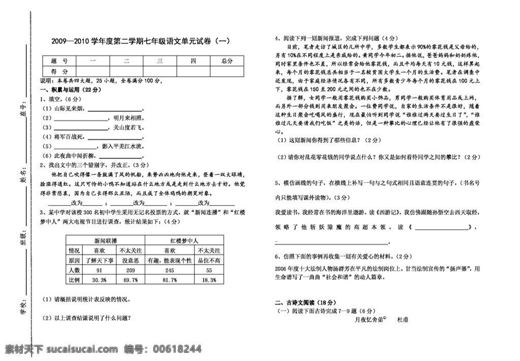 语文 人教 版 学年度 二 学期 七 年级 单元 试卷 人教版 试题试卷