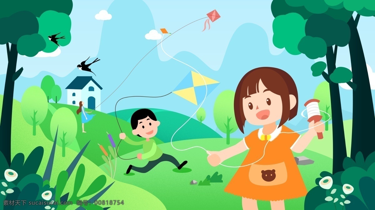 小 清新 春天 儿童 放风筝 小清新 扁平化 人物 草地 防风筝 郊游 树木 燕子 出行 公众号配图