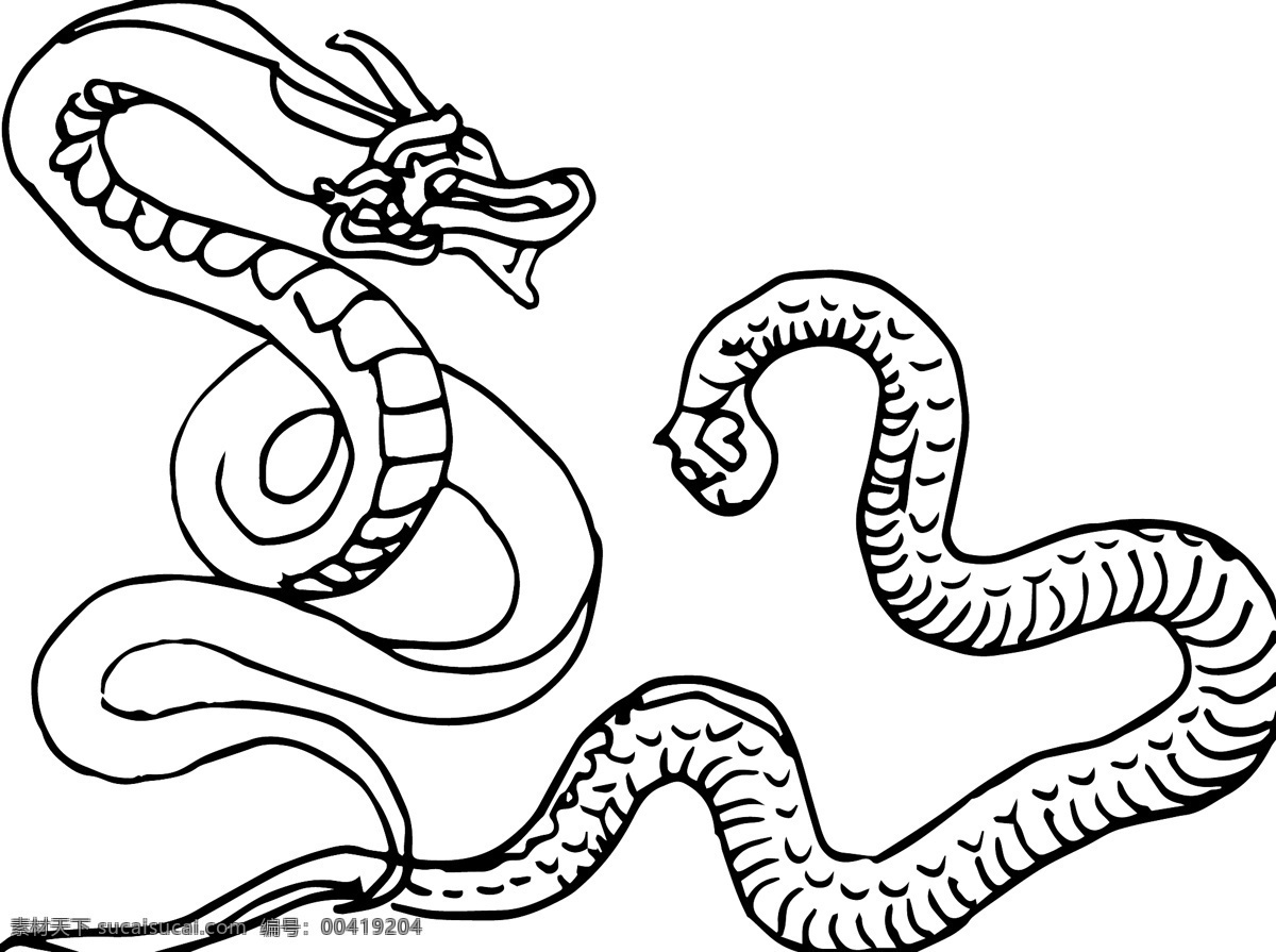 十二生肖 龙蛇 手绘 线条 黑白 动态 龙 蛇