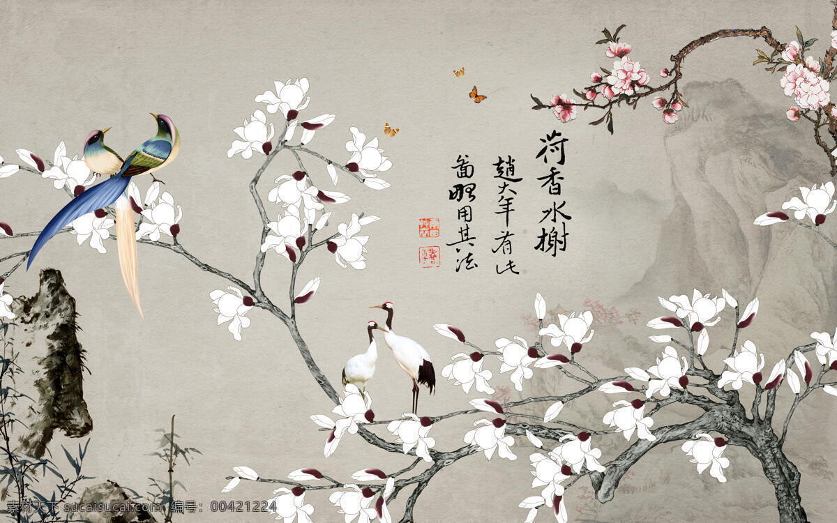 新 中式 花鸟 花香 鸟 悦 新中式 树枝 水墨 山水