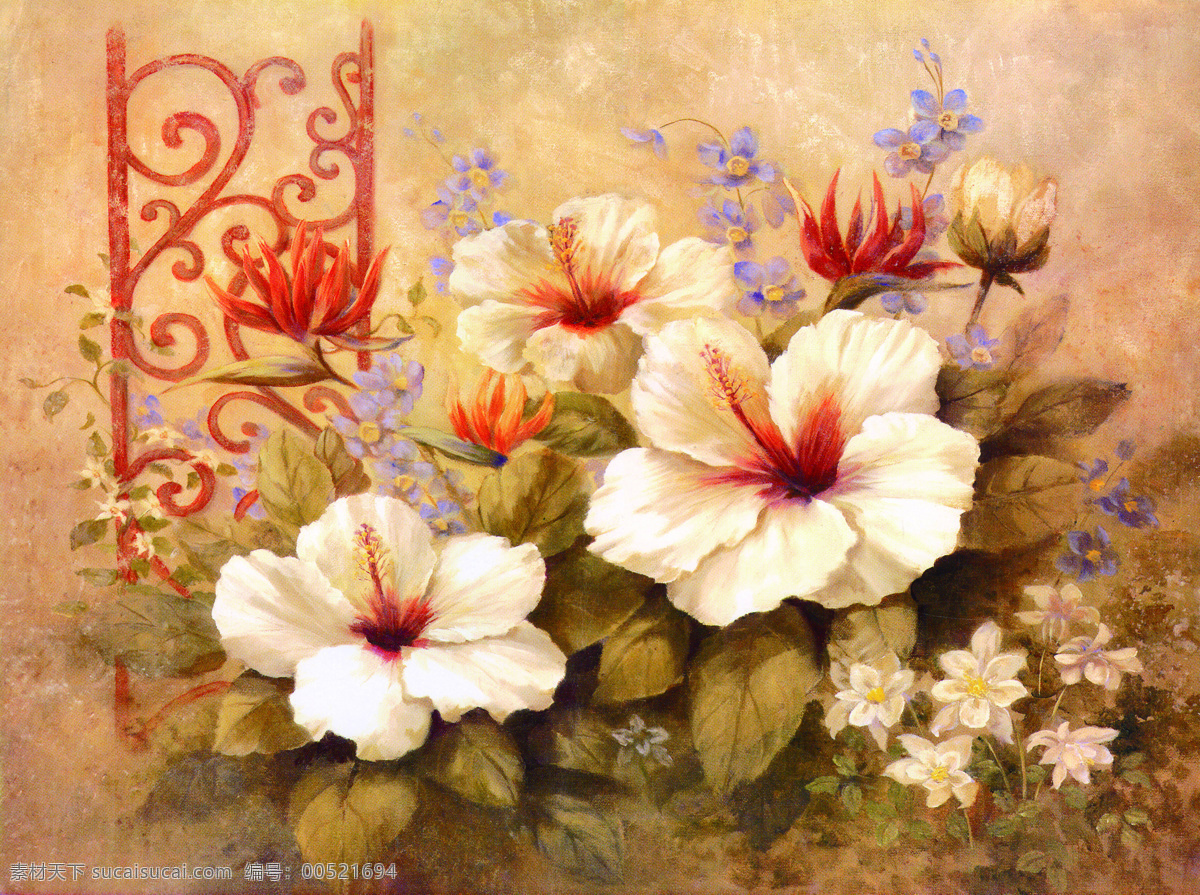 油画 盛开 花朵 美术作品 小白花 装饰画 装饰素材