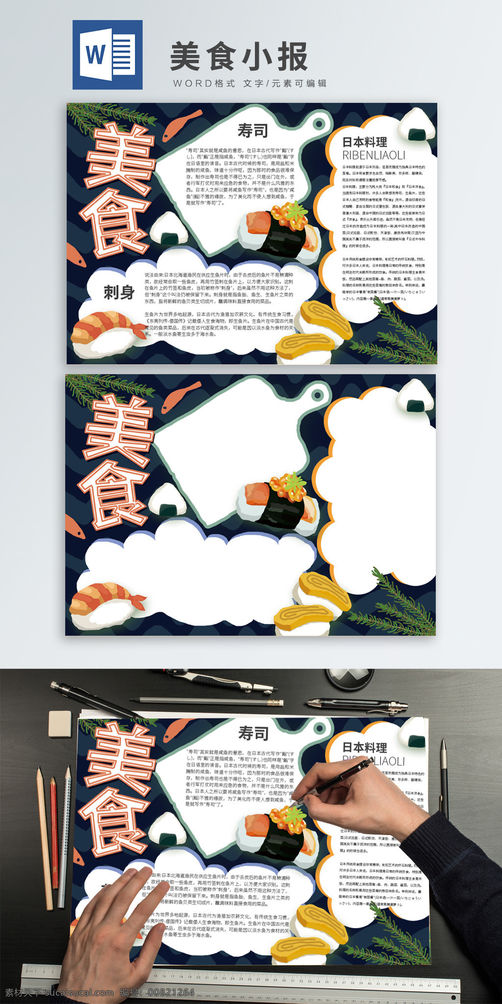 原创 插画 风日 料理 美食 word 手 抄报 日本料理 寿司 米饭 餐厅 刺身 生鱼片 鱼子酱 三文鱼 手抄报设计 鱼 日料 日本料理餐厅