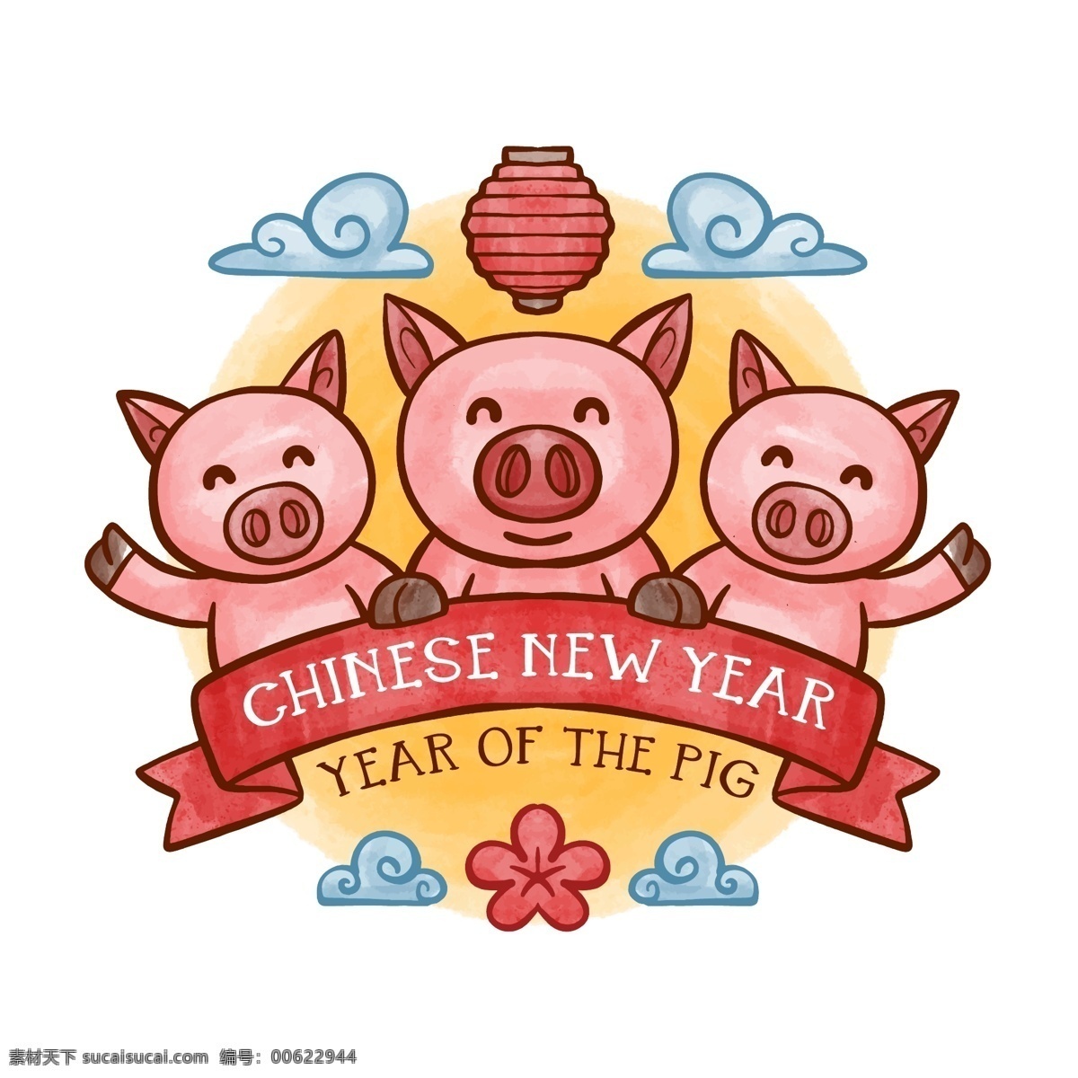 新年素材 新年 过年 春节 中国年 猪年 2019 生肖 中国娃 童子 童女 拜年 喜庆 昔年好 恭喜发财 矢量 模板 红灯 灯笼 祥云