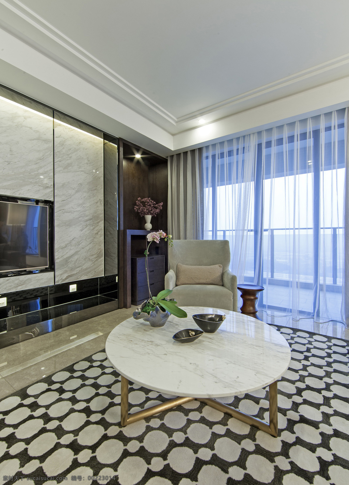 室内 客厅 现代 简约 装修 效果图 圆形茶几 格子地板 灰色 花纹 大理石 背景 墙 白色灯光