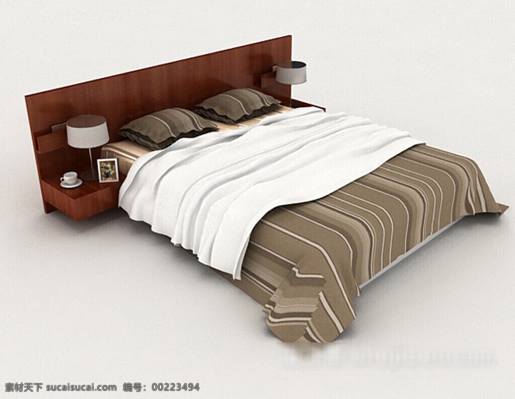 木质 条纹 双人床 3d 模型 3d模型下载 3dmax 现代风格模型 欧式风格 复古风格