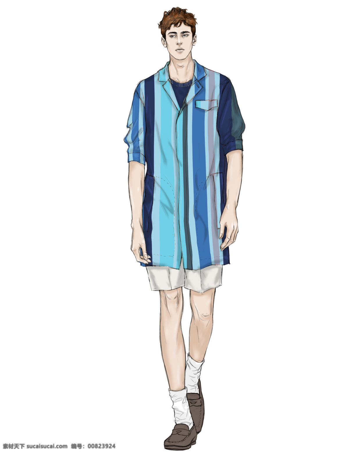 时尚 清新 蓝色 条纹 短袖 男装 效果图 白色短裤 白色袜子 服装设计 男装效果图 时尚男装