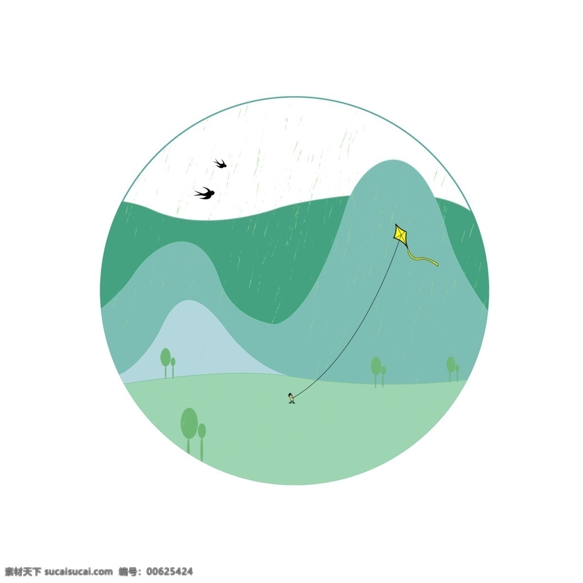 圆形 图案 清明节 插图 远景图案 绿色踏青 黑色燕子 飞行的燕子 自由的燕子 春天的燕子 黄色的风筝