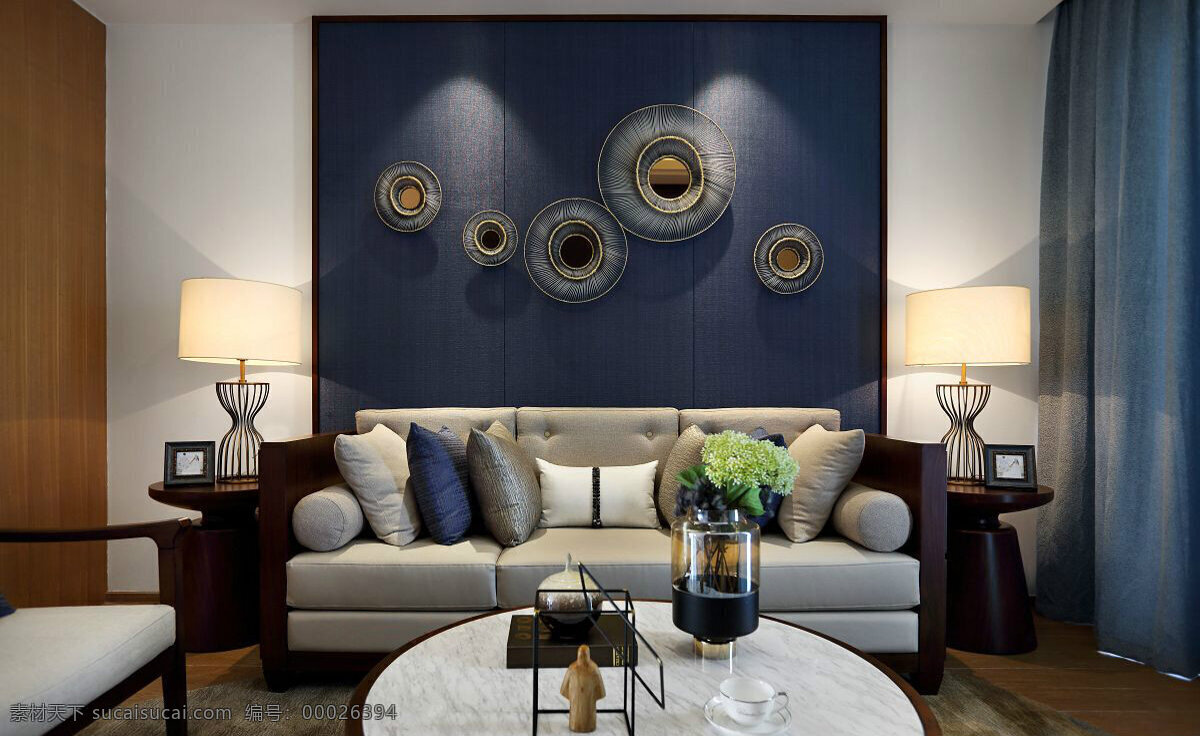 中式 时尚 室内 客厅 背景 墙 效果图 家居生活 室内设计 装修 家具 装修设计 环境设计 生活百科 高清 蓝色背景墙 沙发
