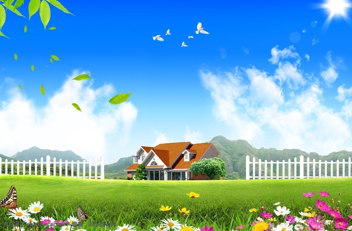 蓝天 蓝天白云草地 蓝天草地 绿色环保 风景 景色 自然 绿色 草 绿草 草地风景 绿色草地 草地 树 树木 大树 花 花朵 蝴蝶 瓢虫 白花 种植园 白鸽 座椅 房子 阳光 宣传栏 海报 环保 清新 春天 广告 分层 源文件