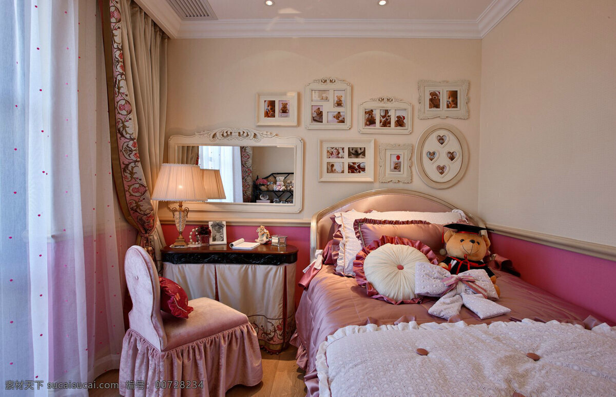 粉嫩 公主 风 卧室 粉色 椅子 室内装修 效果图 卧室装修 粉色背景墙 粉色窗帘 粉色床头柜