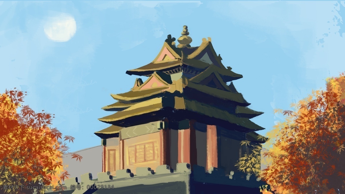 大气 细腻 写实 古风 建筑 宫殿 插画 秋 古代