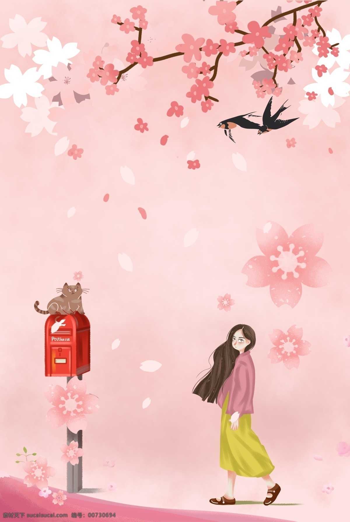 樱花 花朵 小女孩 漫步 散步 海报 背景 散步海报背景 小猫 樱花背景 观赏樱花