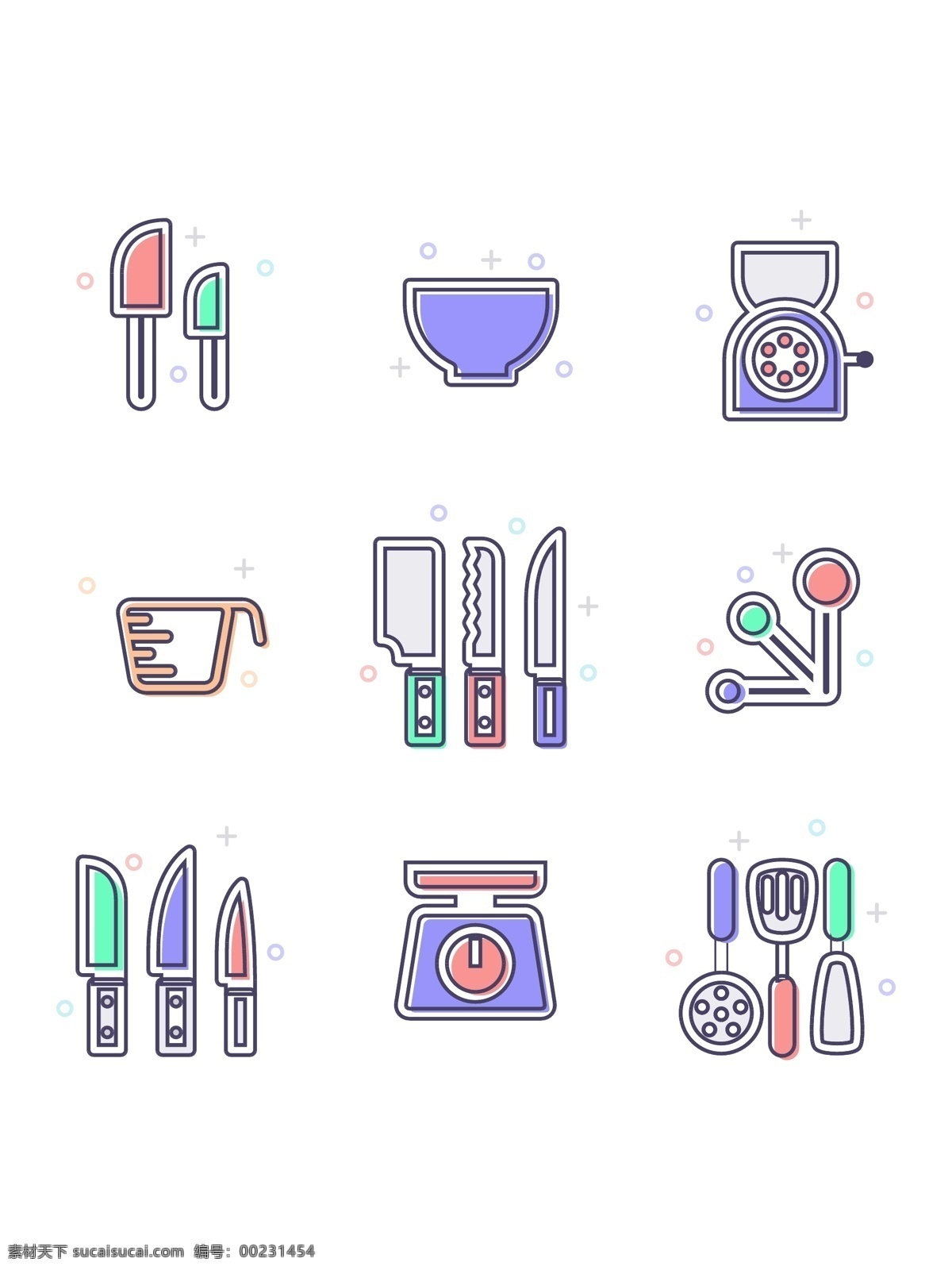 彩色 卡通 厨具 矢量 图标 厨房 碗 做饭 刀具 电子秤 锅铲