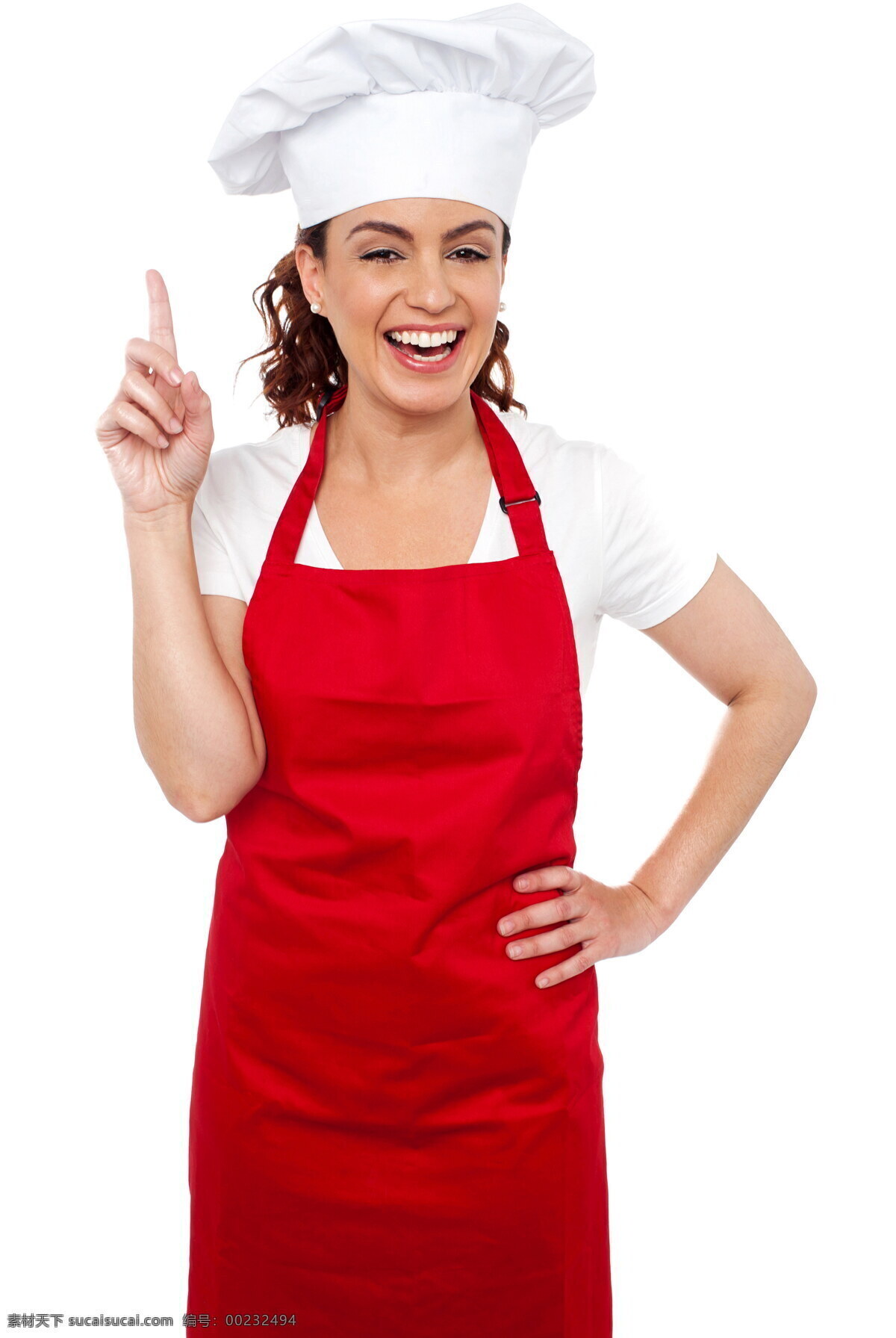 伸出 一根 手指 美女 厨师 笑容 女厨师 红色围裙 白色帽子 商务人士 人物图片