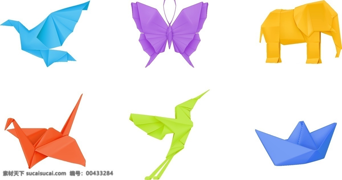 彩色 折纸 小 动物图片 鸽子 蜂鸟 蝴蝶 大象 矢量 高清图片