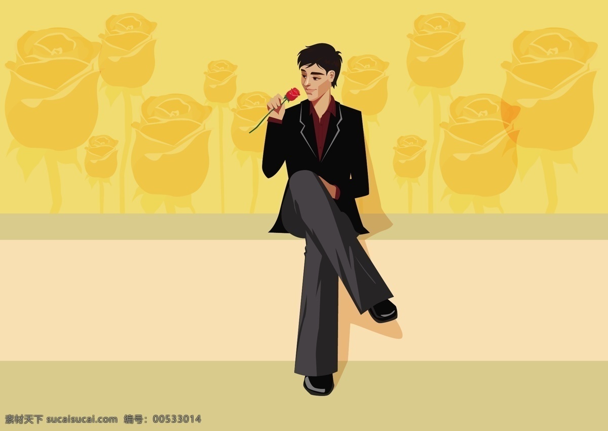时尚插画男 插画 矢量 时尚 玫瑰 卡通 男性 西装 人物图库 男性男人