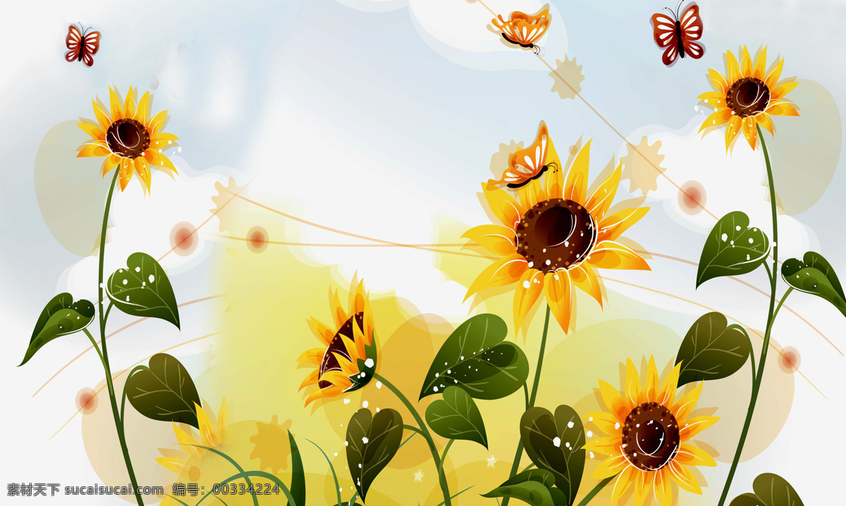 3d 蝴蝶 向日葵 背景 墙 背景墙 3d渲染 效果图