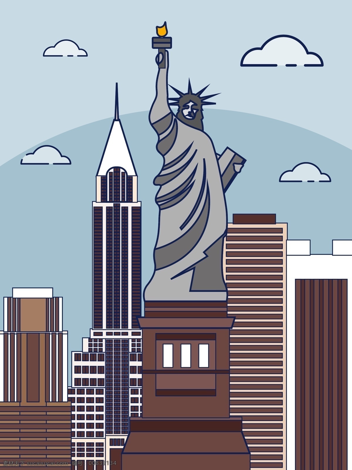 城市 卡通 矢量 插画 美国 建筑 自由女神像