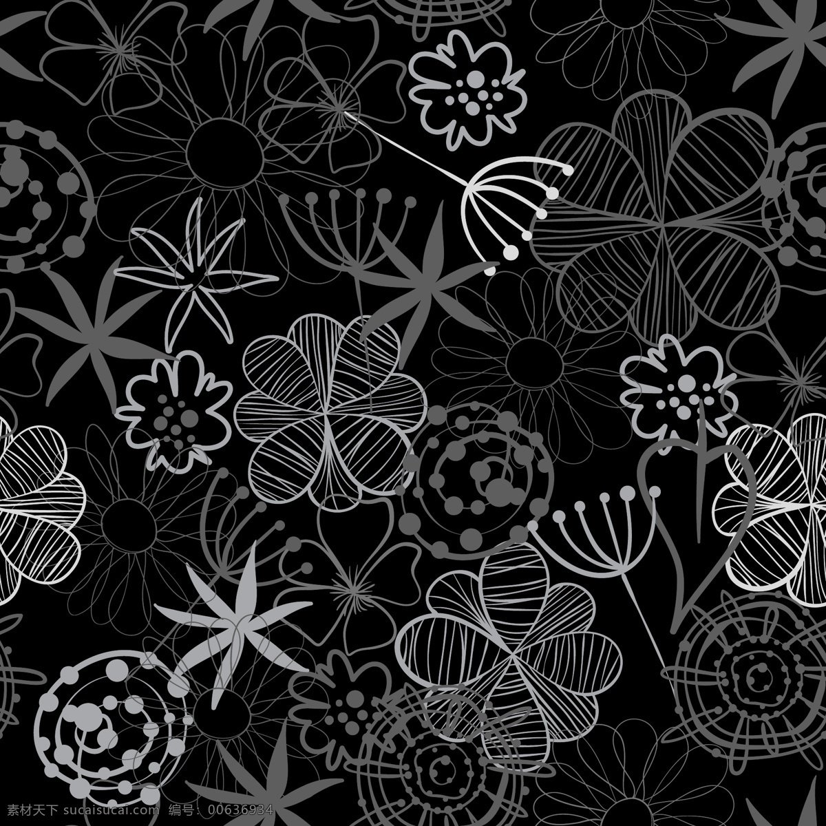 手绘 可爱 花朵 背景 植物 黑白 卡通 底纹