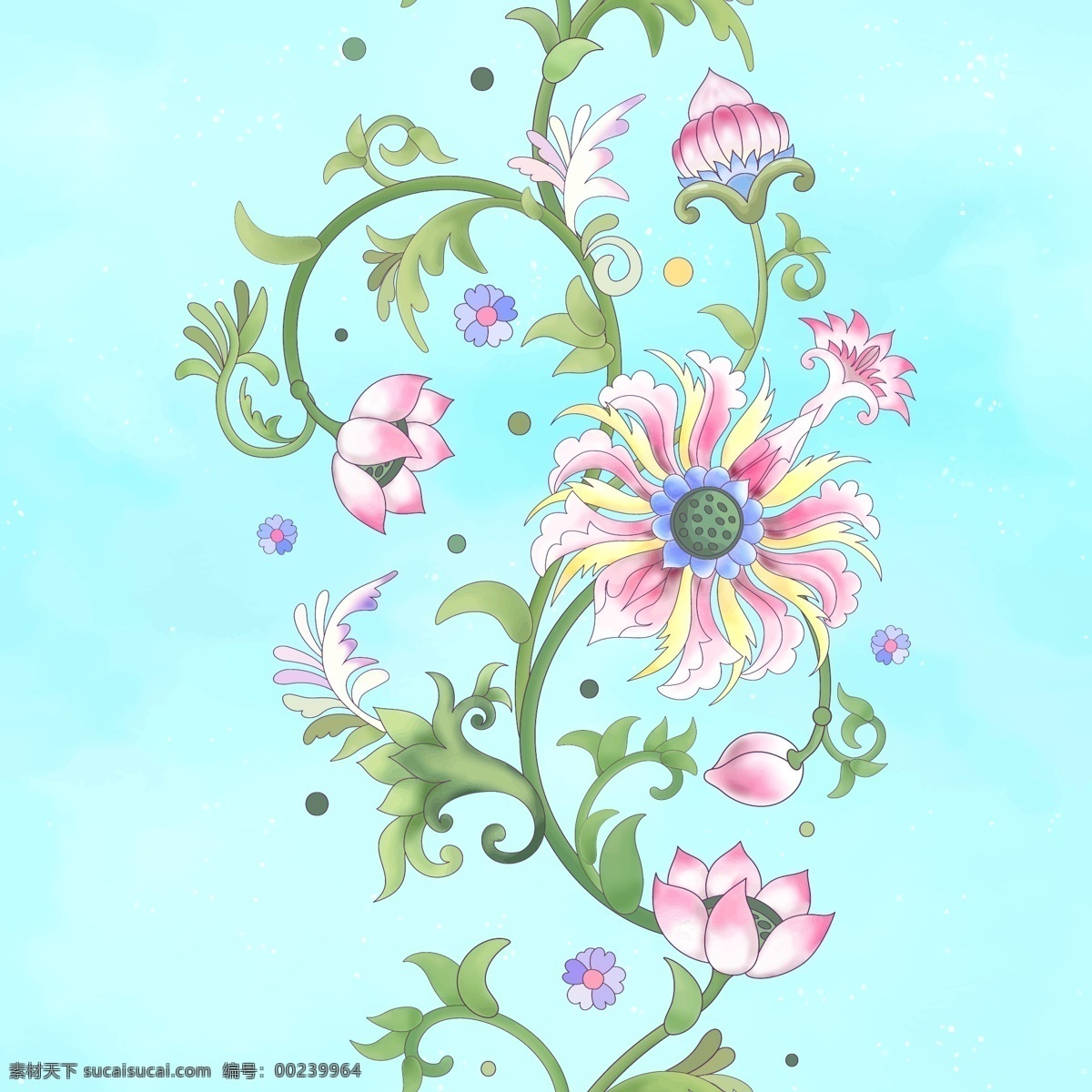 中式花纹 中国瓷器图案 花卉背景 手绘花卉 绿叶 对称花纹 装饰花纹 无缝 边框 荷花 叶子水彩画 绘画 精美花卉 花朵 背景底纹 矢量 底纹边框