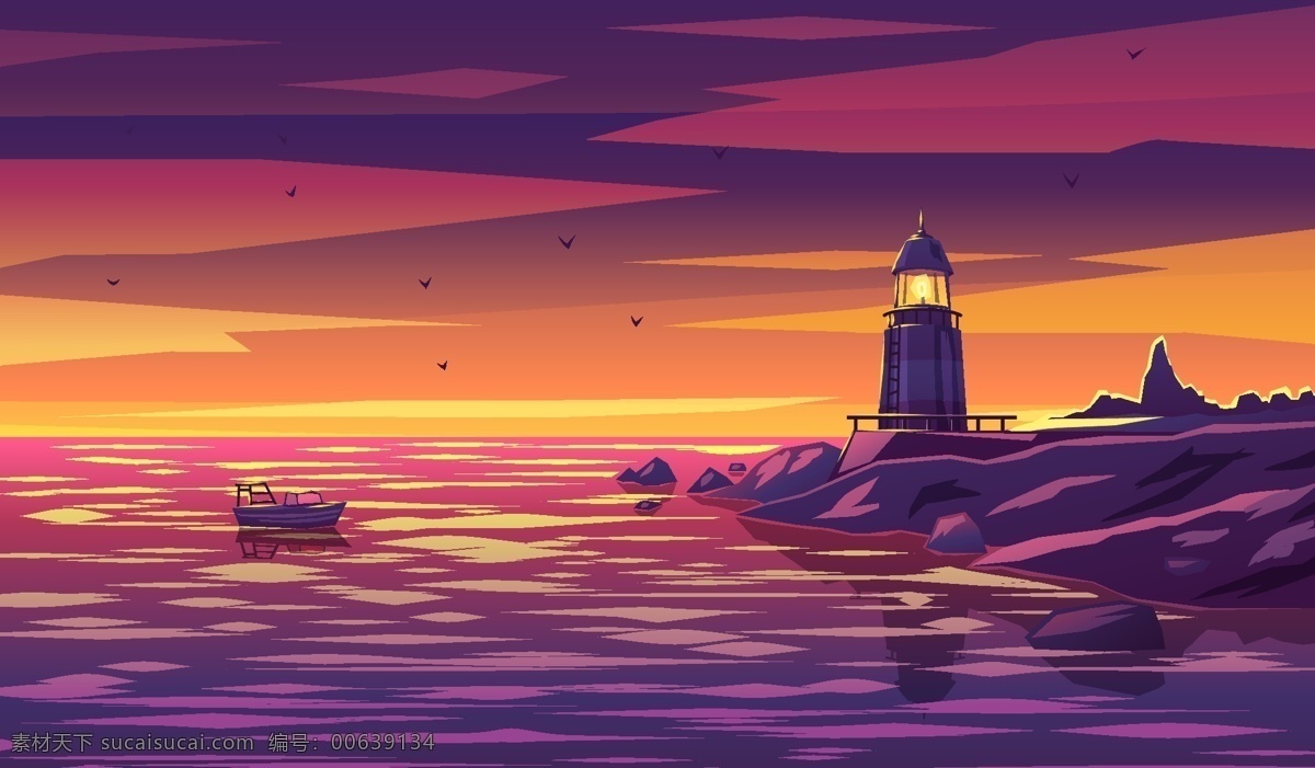 晚霞 海洋 灯塔 航海 矢量 源文件 设计素材 夕阳 傍晚 海鸥 小船 海水 波光 卡通 远航 海边 风景 扁平化 蓝色 广告 背景