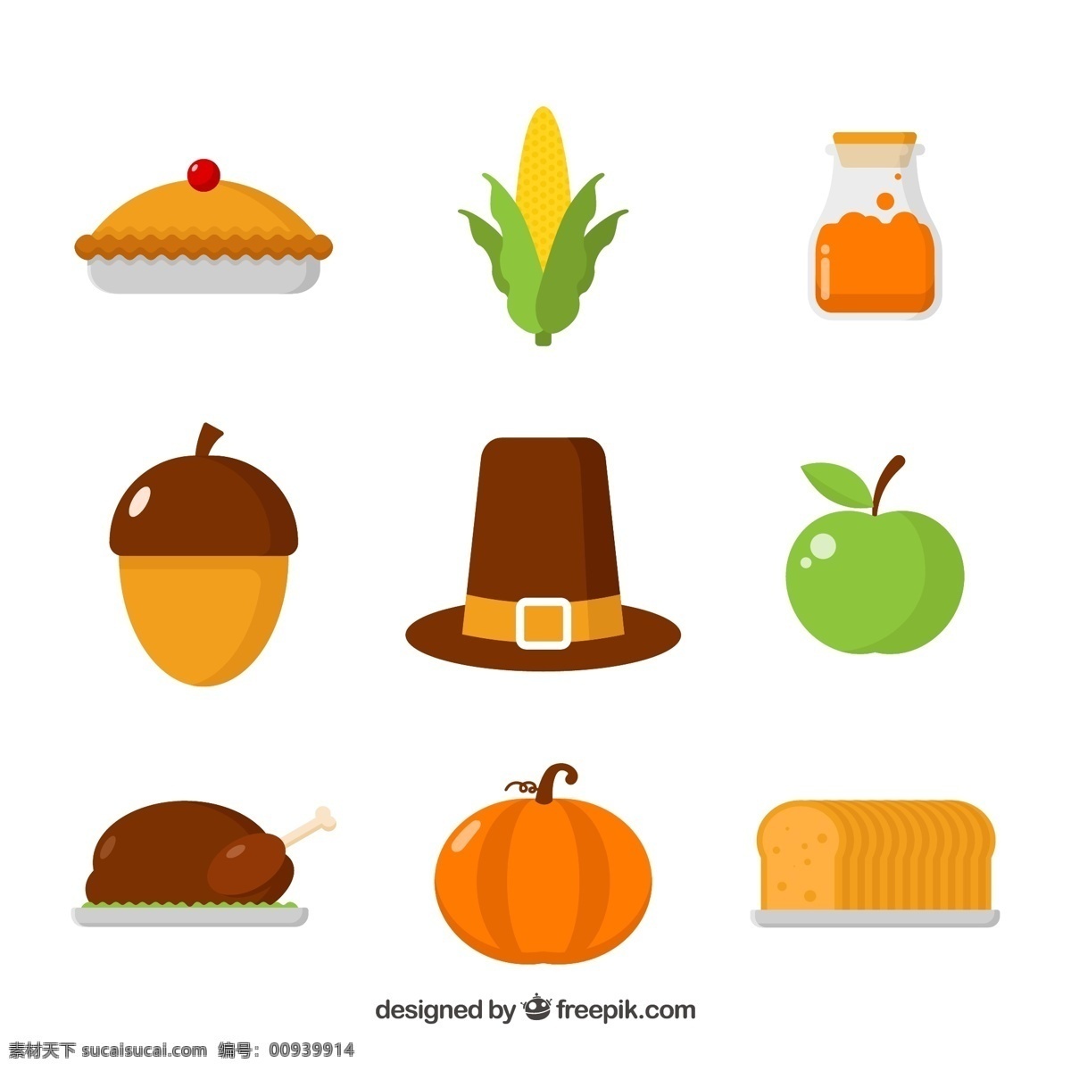 扁平 感恩节 元素 收藏 感恩节元素 节日元素 帽子 苹果 玉米 南瓜 肉类