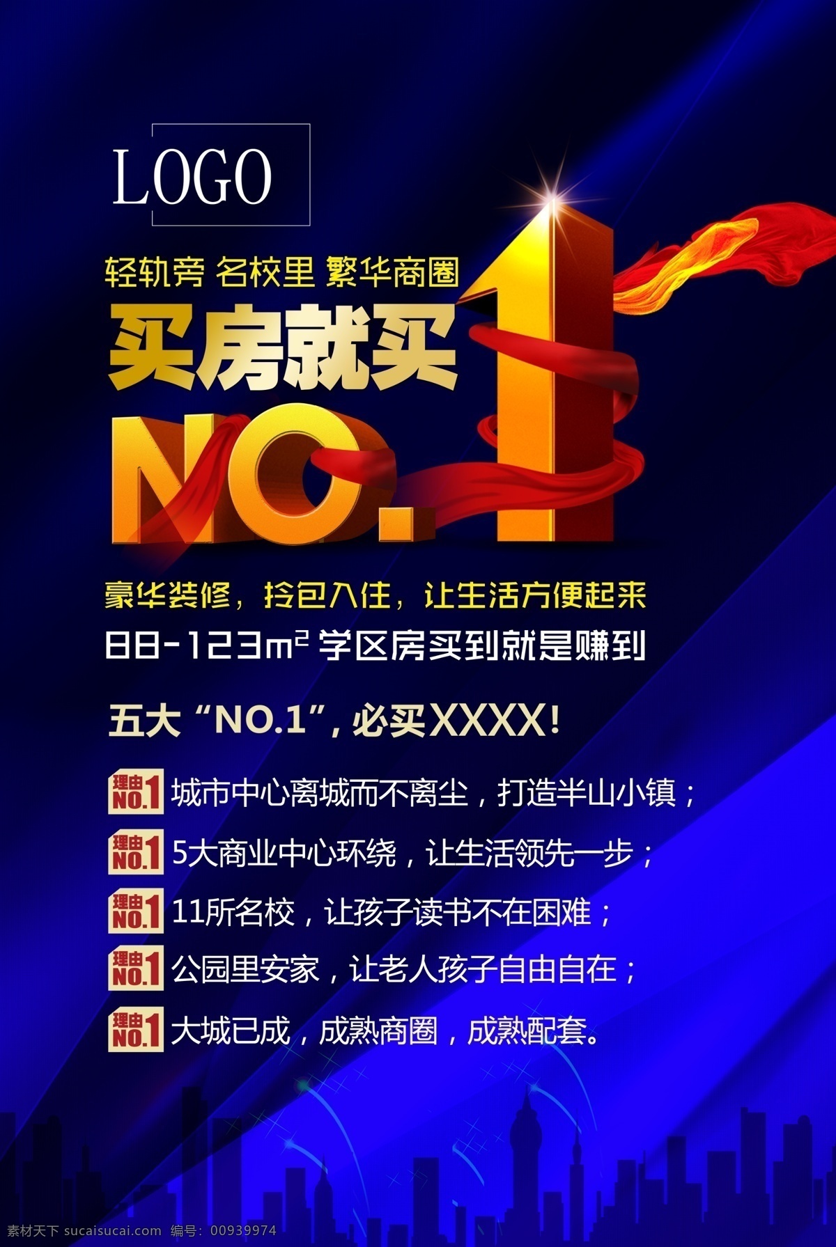 地产展板 no1 no 蓝色 蓝色背景 地产蓝色背景 建筑 建筑人物 丝带 地产海报 地产促销 地产活动