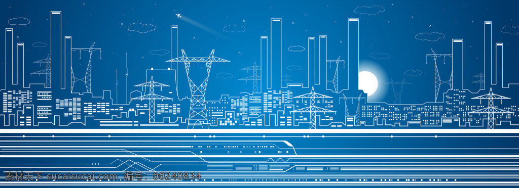 线条 建筑设计 矢量 蓝色背景 城市景色 线性 手绘 城市 建筑 插画 城市风光 空间环境 矢量素材