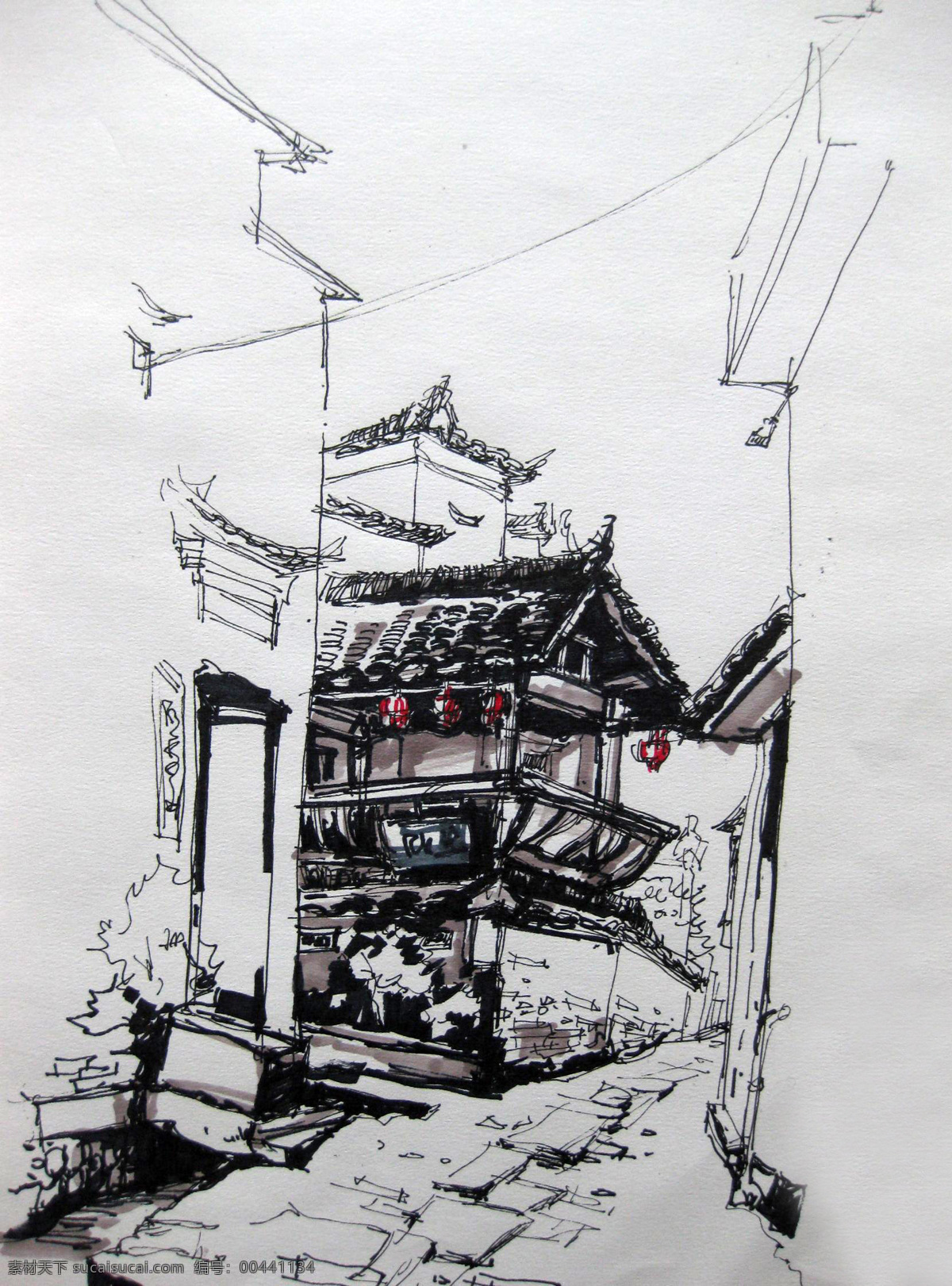 线描房子古巷 插图 低碳 房子 古镇 绘画 绘画书法 石板路 线描 古巷 素描 休闲 瓦房 四川 文化艺术 插画集