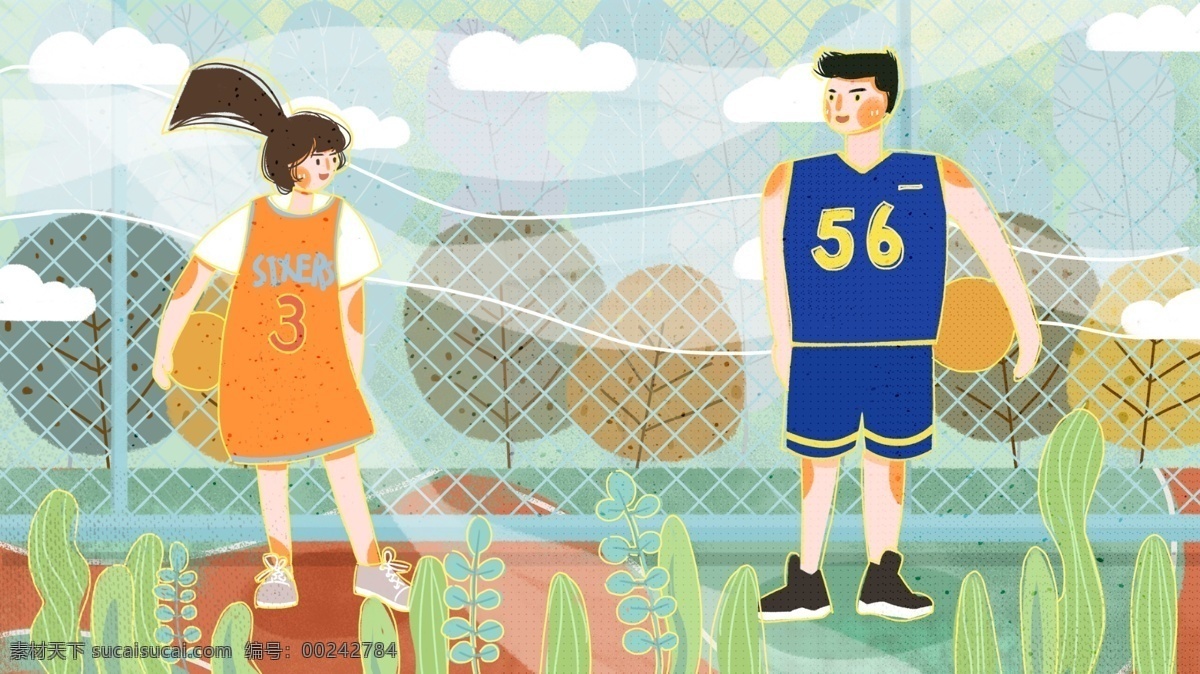 情侣 日常 操场 上 篮球 男孩 女孩 插画 情侣日常