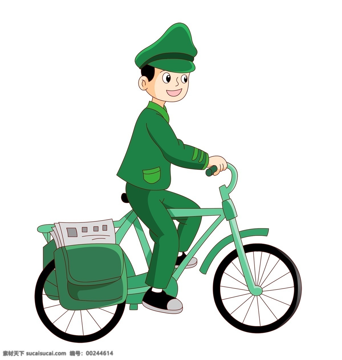 信 邮递员 叔叔 卡通 形象 邮政叔叔 邮递员叔叔 邮政自行车 绿色自行车 高兴的邮递员 送信