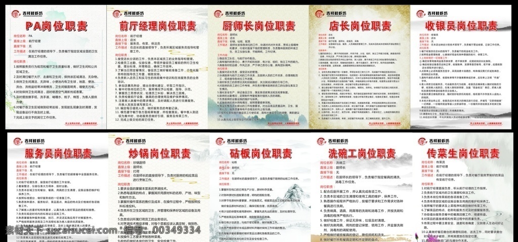 餐饮岗位职责 pa岗位职责 经理岗位职责 厨师岗位职责 店长岗位职责 服务员职责 炒锅岗位职责 砧板岗位职责 洗碗工职责 收银员职责 传菜生职责 水墨画背景 职责制度 餐饮制度 江南风格制度