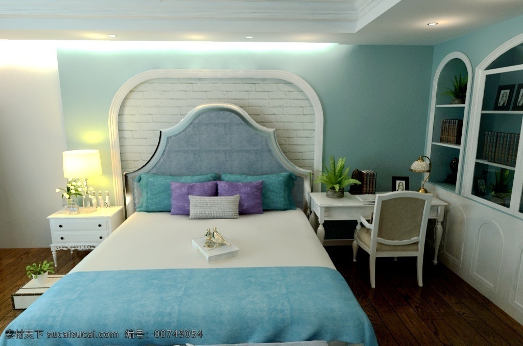 地中海 蓝色 卧室 效果图 温馨 大气 简约 舒适 轻奢 实用 家装