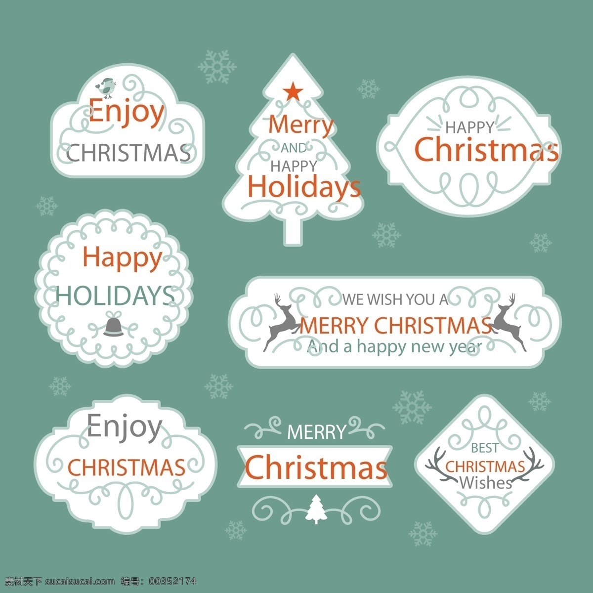 清新 花纹 圣诞 标签 创意 圣诞节 矢量素材 英文 圣诞树
