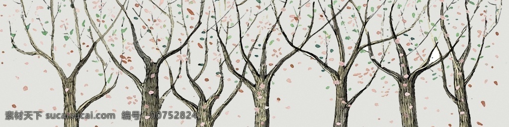 手绘 彩绘 树干 枯树 树叶 掉落 装饰画