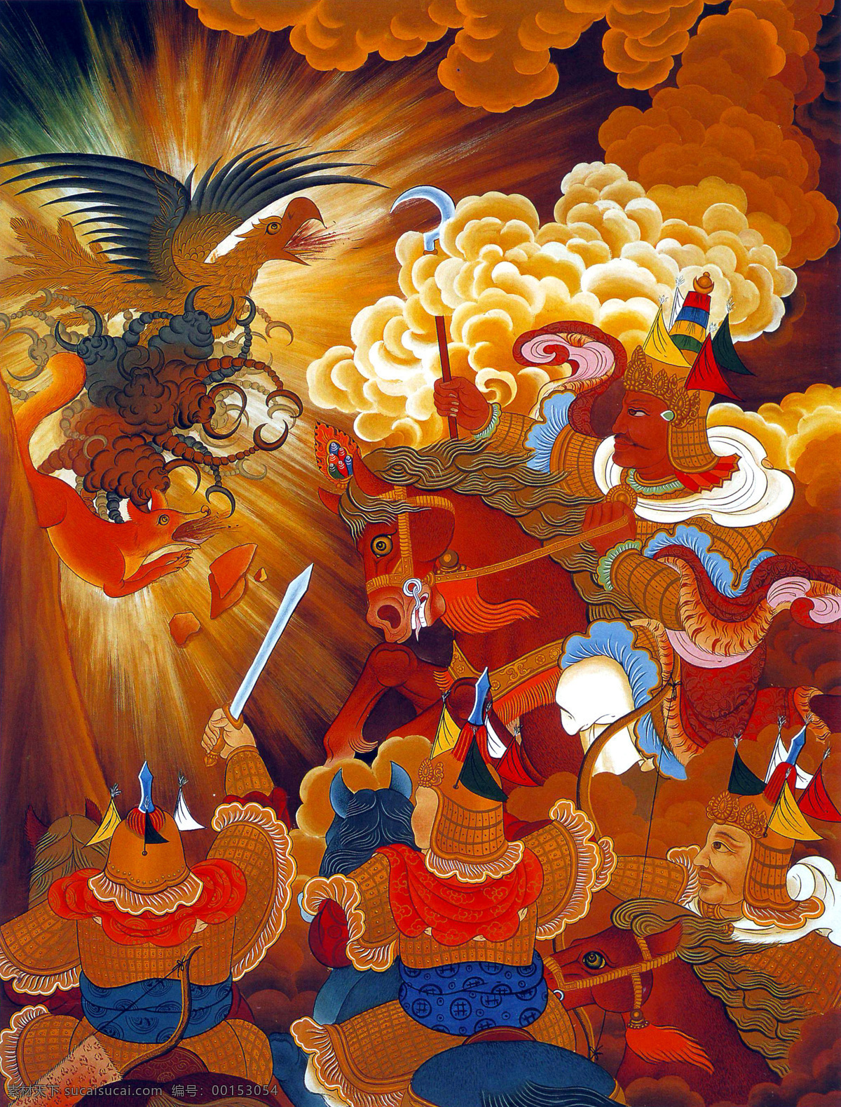 妖怪 斗争 神仙 天兵天将 唐卡 彩绘 佛教 宗教 信仰 卷轴画 书画文字 文化艺术