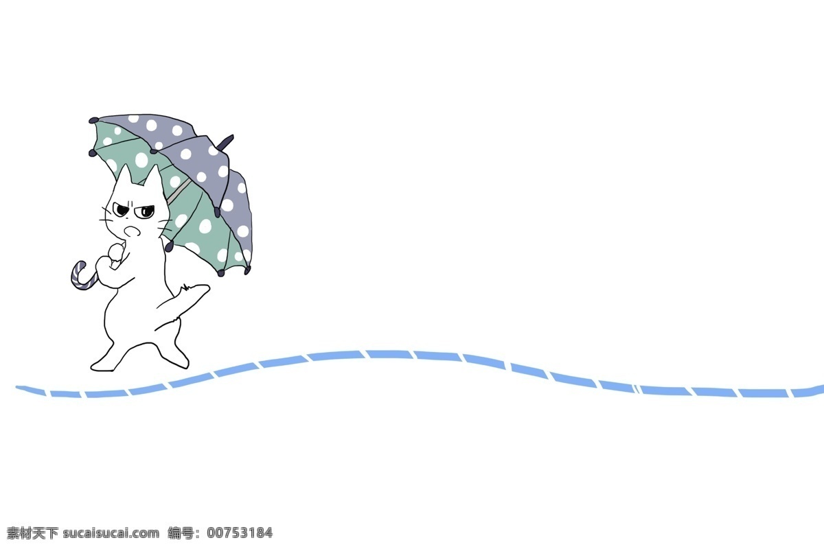 手绘 小猫 分割线 插画 白色的小猫 卡通插画 手绘插画 可爱的猫咪 动物 小伞 撑伞 撑伞的猫咪